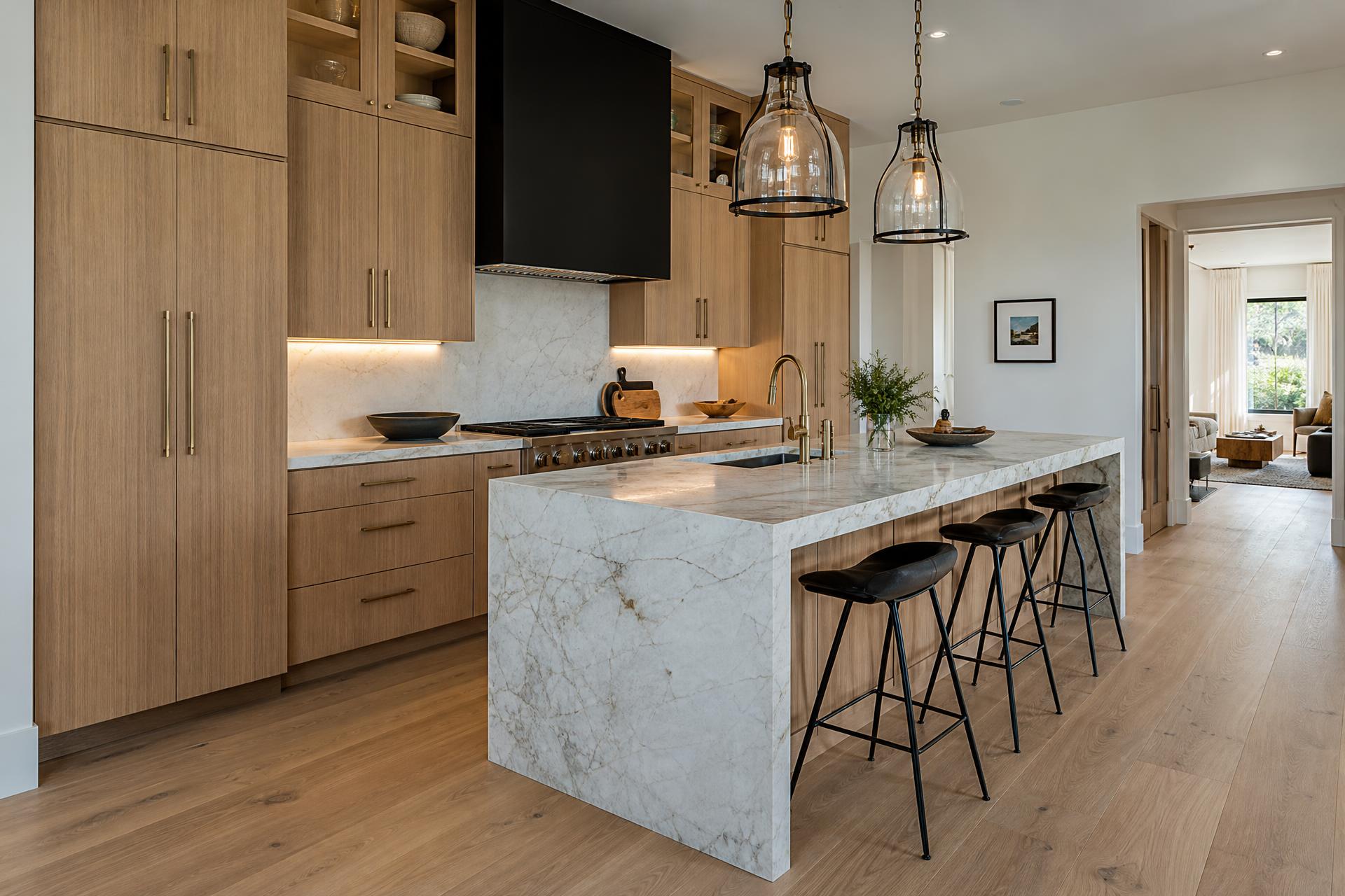 Remodeled kitchen with white oak cabinetry and stone island