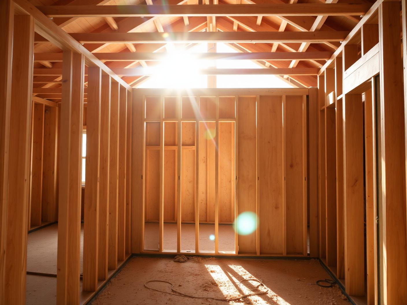 Interior framing during construction of the lakeside residence
