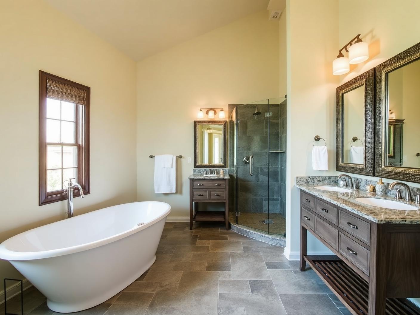 Primary bathroom with stone tile and glass walk-in shower